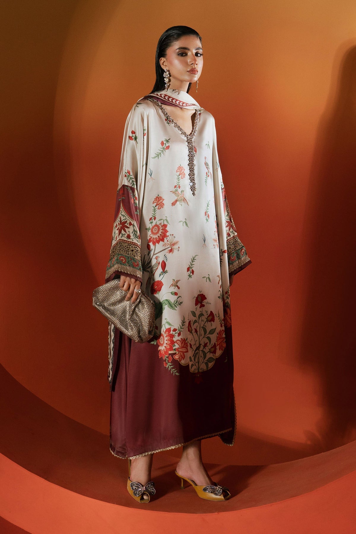 03-Piece Printed Charmeuse Silk Kaftan Suit - Ready To Wear