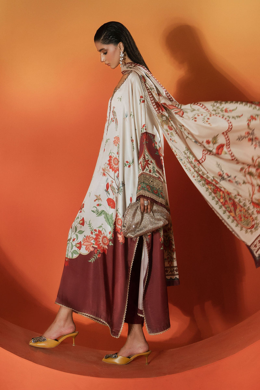 03-Piece Printed Charmeuse Silk Kaftan Suit - Ready To Wear