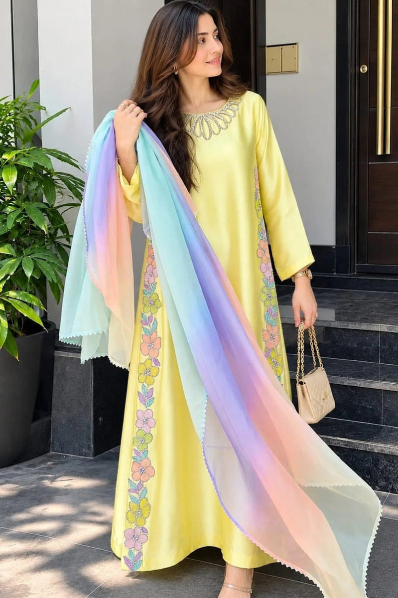 Charmeuse Silk Embroidered Kaftan Suit | Ready to Wear