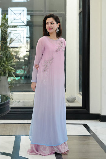 Lilac & Ice Blue Ombre - 3-Piece Chiffon Suit | ready To Wear