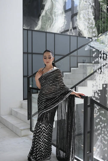 Black Shimmer - Chiffon & Silk Saree | Ready To Wear