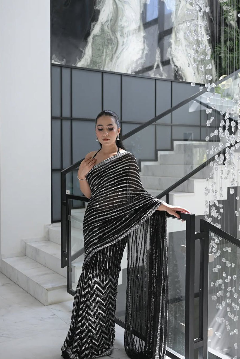 Black Shimmer - Chiffon & Silk Saree | Ready To Wear