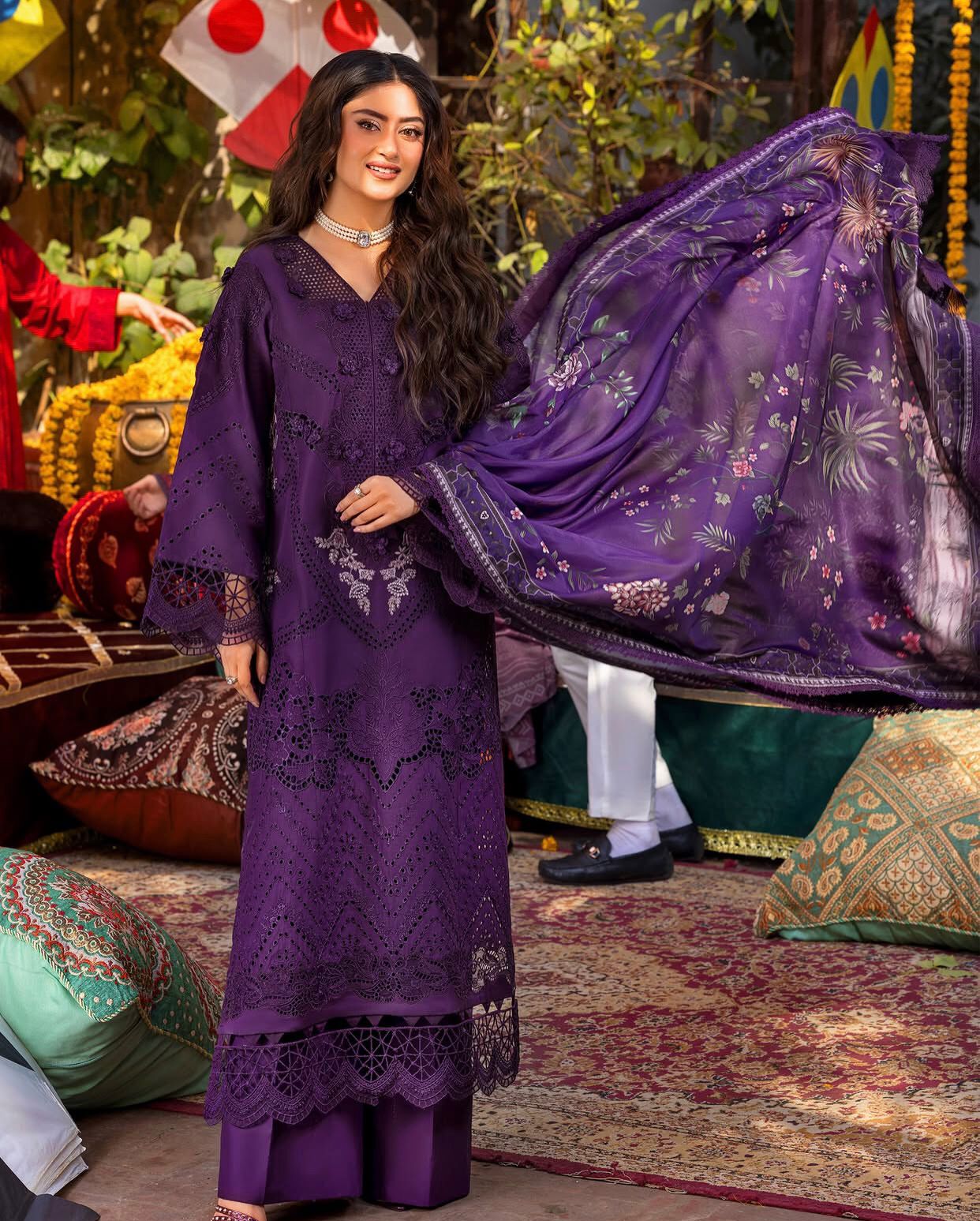 03-piece Embroidered Cotton Suit With Printed Chiffon Dupatta | Ready to wear