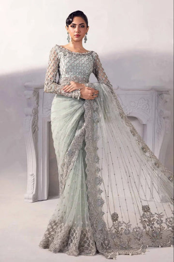 Grey - Heavy Embroidered Net Saree | Ready To Wear