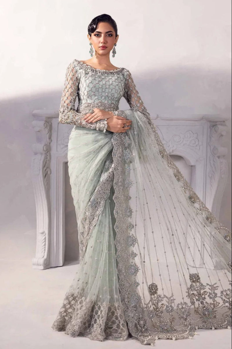 Grey - Heavy Embroidered Net Saree | Ready To Wear