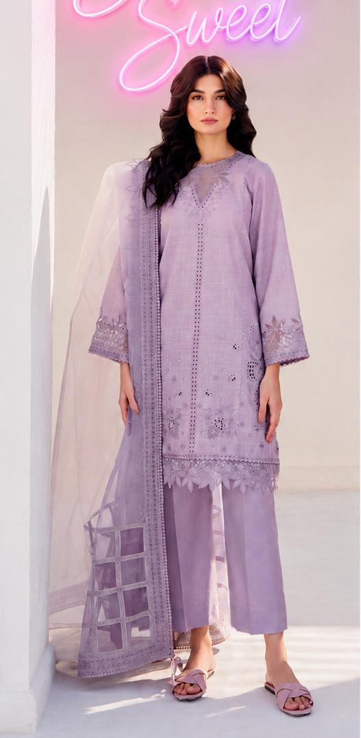 03 Piece  Chikankari Lawn Cotton Suit - Ready To  Wear