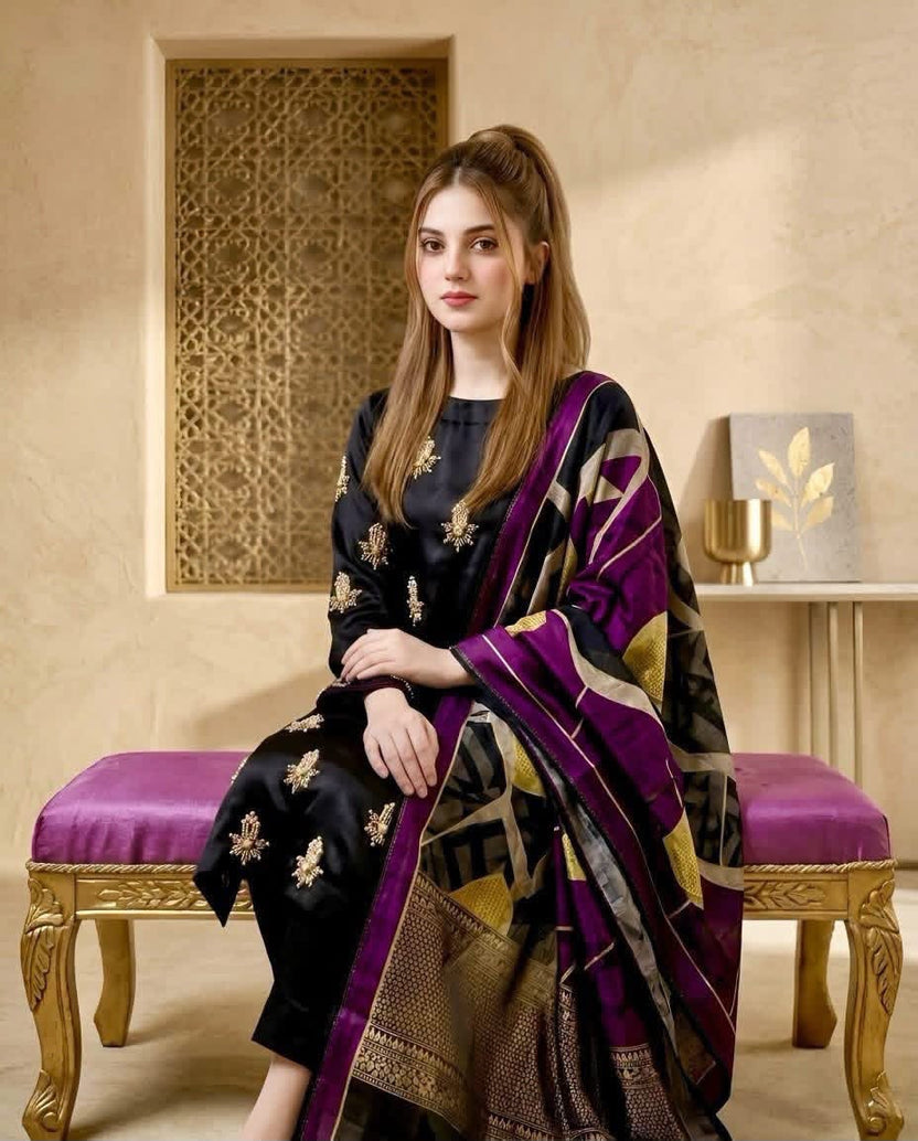 03-Piece Luxury Shamooz Silk Suit - Ready To Wear