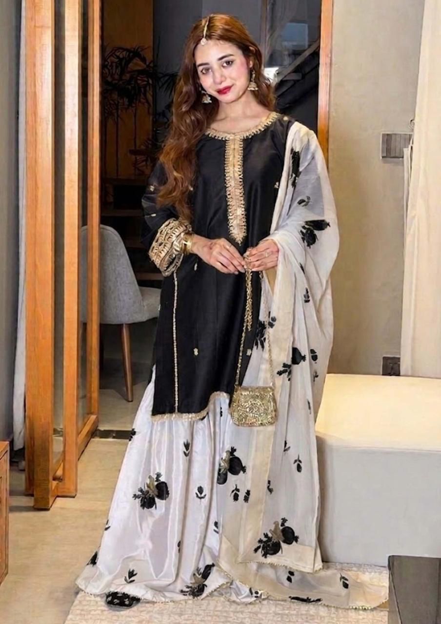 03-Piece Luxury Embroidered Shamoze Silk Suit - Ready To Wear