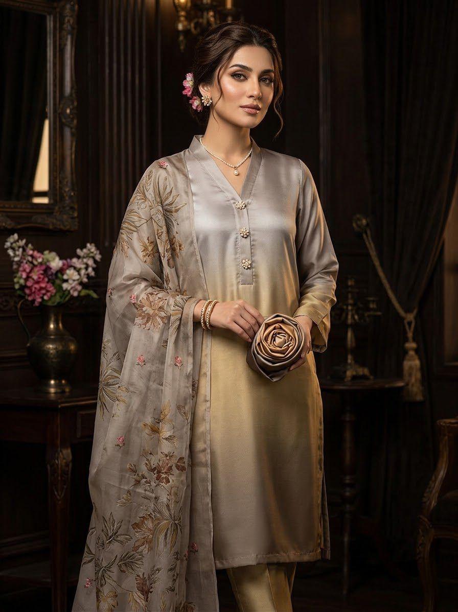 03-Piece Shamoze Silk Suit - Ready To Wear
