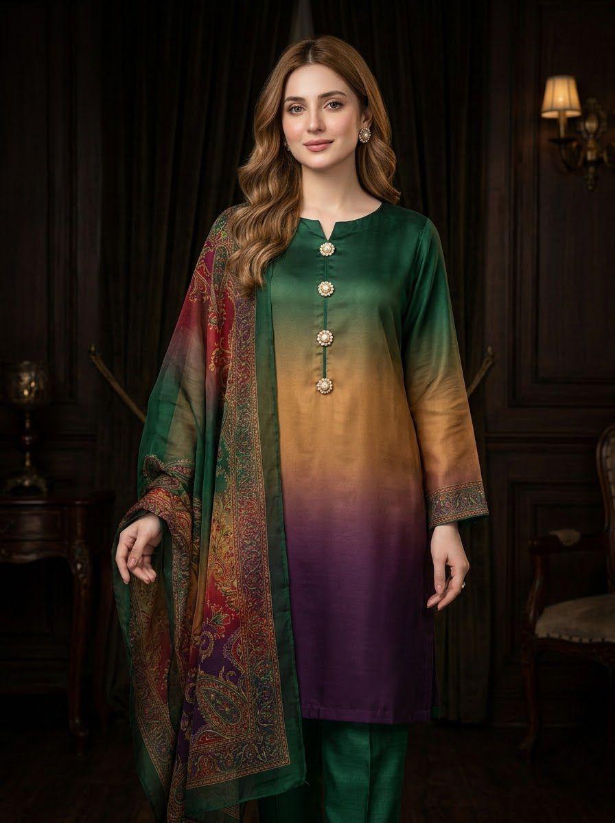 03-Piece Shamoze Silk Suit - Ready To Wear