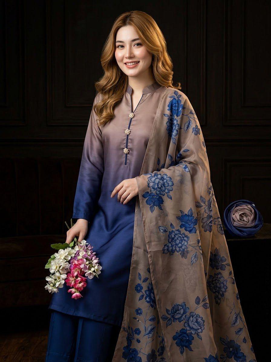 03-Piece Shamoze Silk Suit - Ready To Wear