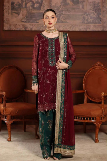 Maroon & Emerald Green Chiffon Embroidered 3-Piece Suit | Ready To Wear