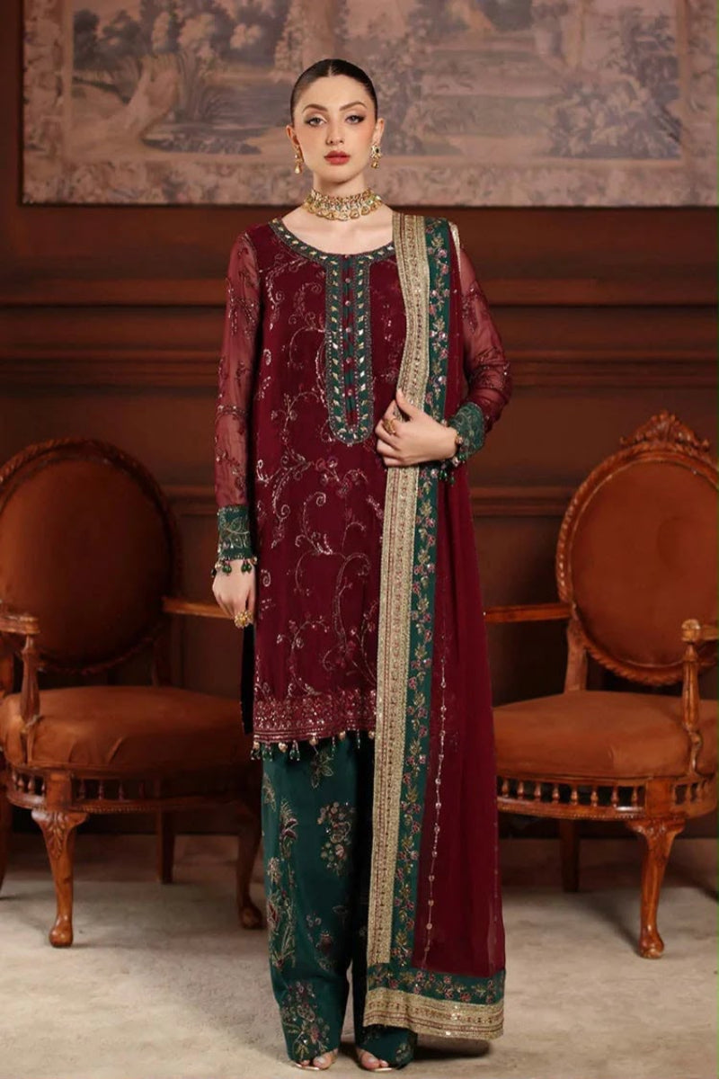 Maroon & Emerald Green Chiffon Embroidered 3-Piece Suit | Ready To Wear