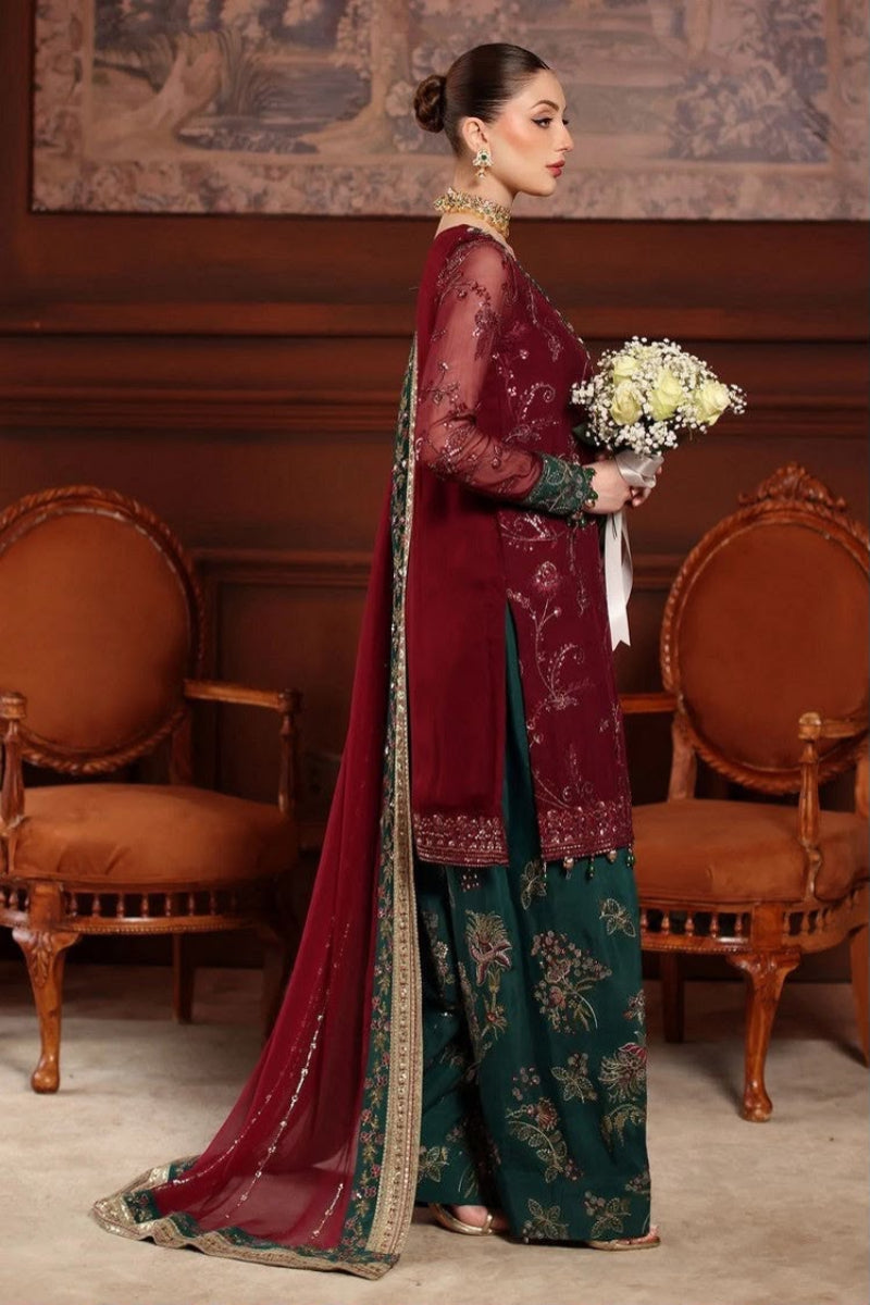 Maroon & Emerald Green Chiffon Embroidered 3-Piece Suit | Ready To Wear