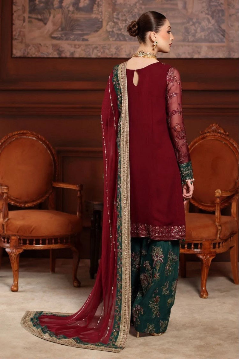 Maroon & Emerald Green Chiffon Embroidered 3-Piece Suit | Ready To Wear