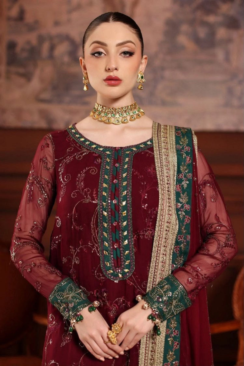 Maroon & Emerald Green Chiffon Embroidered 3-Piece Suit | Ready To Wear