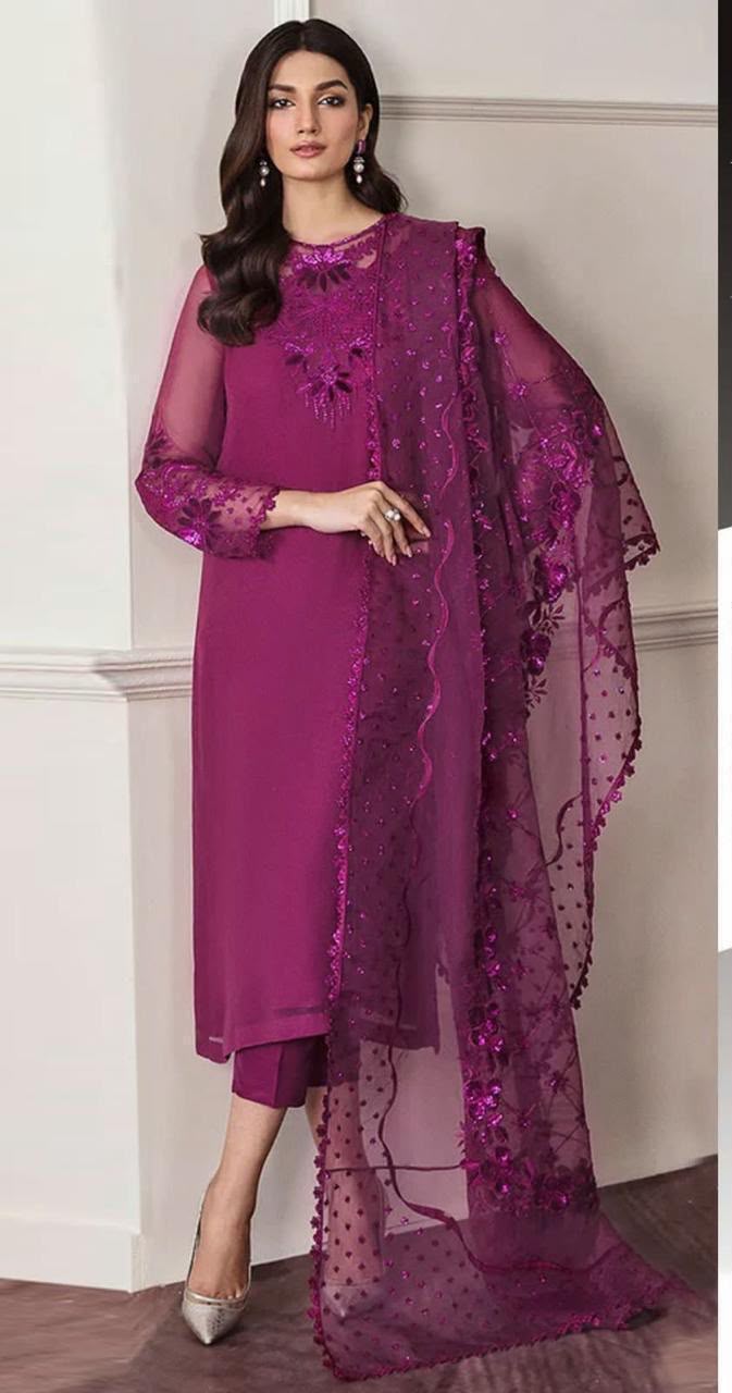 03-Piece Embroidered Chiffon Suit - Ready To Wear