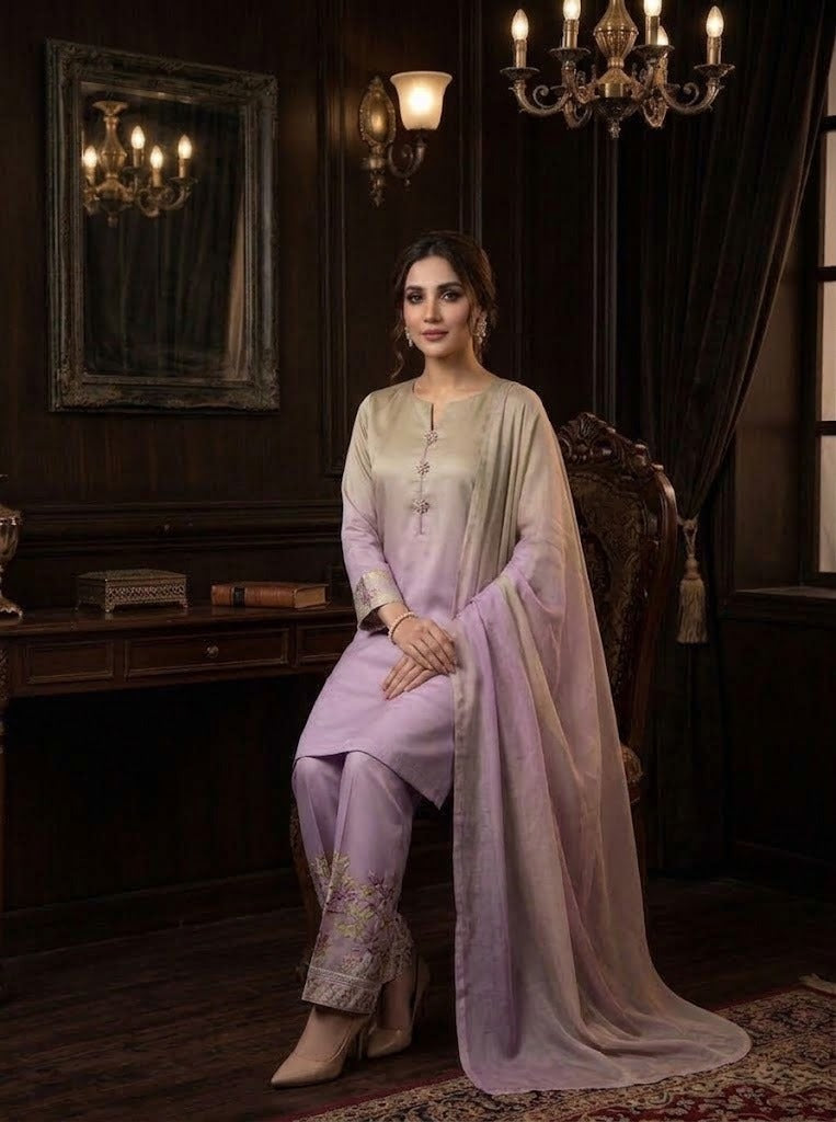 03-Piece Elegant Shamoze Silk Suit - Ready To Wear