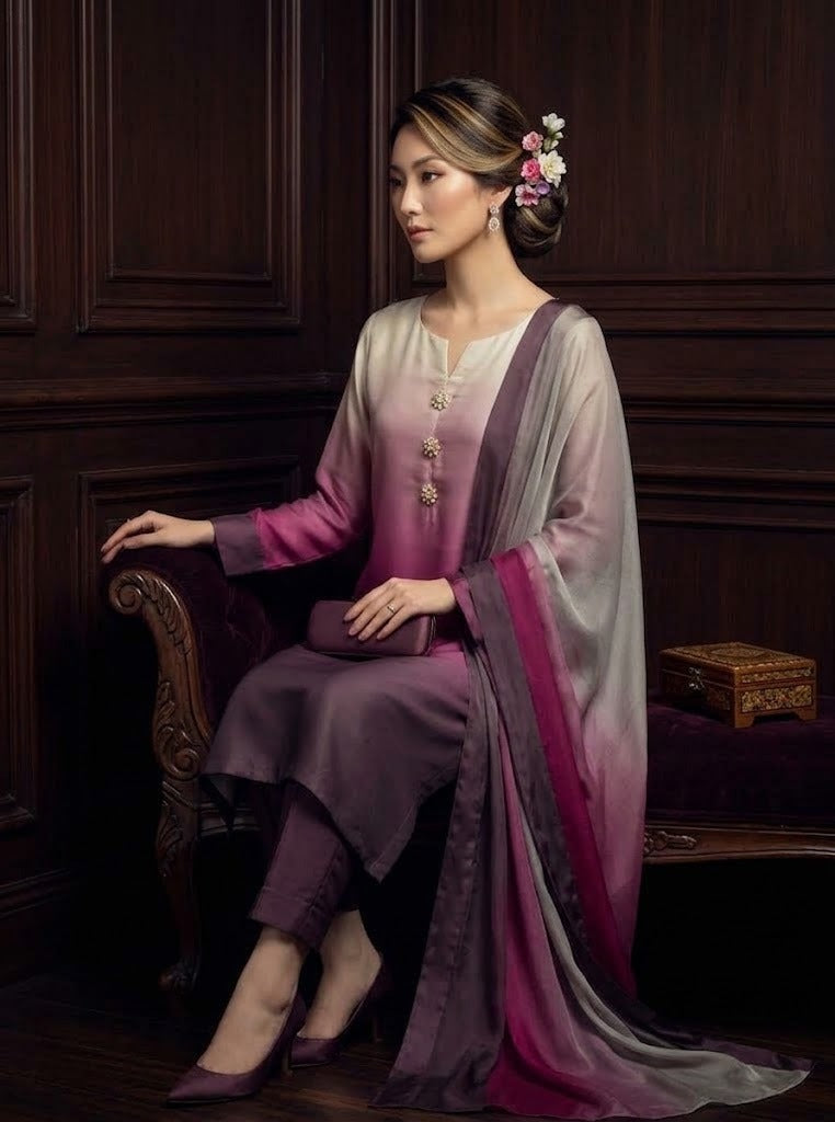 Beautiful 03-Piece Shamoze Silk Suit - Ready To Wear