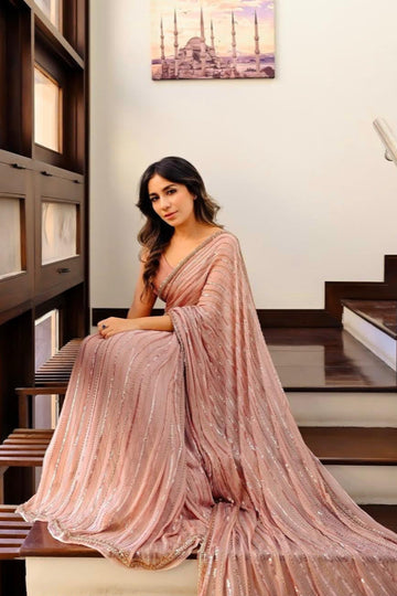 Pure Chiffon Sequence Embroidered Saree with Dyed Blouse & Soft Malai Trouser