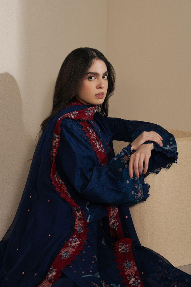 Navy Blue Egyptian Cotton Embroidered 3-Piece Suit | Ready to Wear