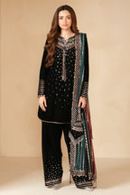 03-Piece Sequence Embroidered Velvet Suit - Ready To Wear