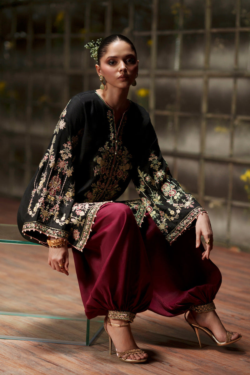 Black & Maroon Raw Silk Heavy Embroidered Spengle Work 3-Piece Suit | Ready to Wear