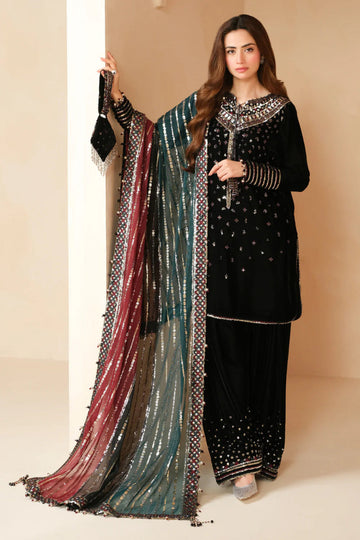03-Piece Sequence Embroidered Velvet Suit - Ready To Wear