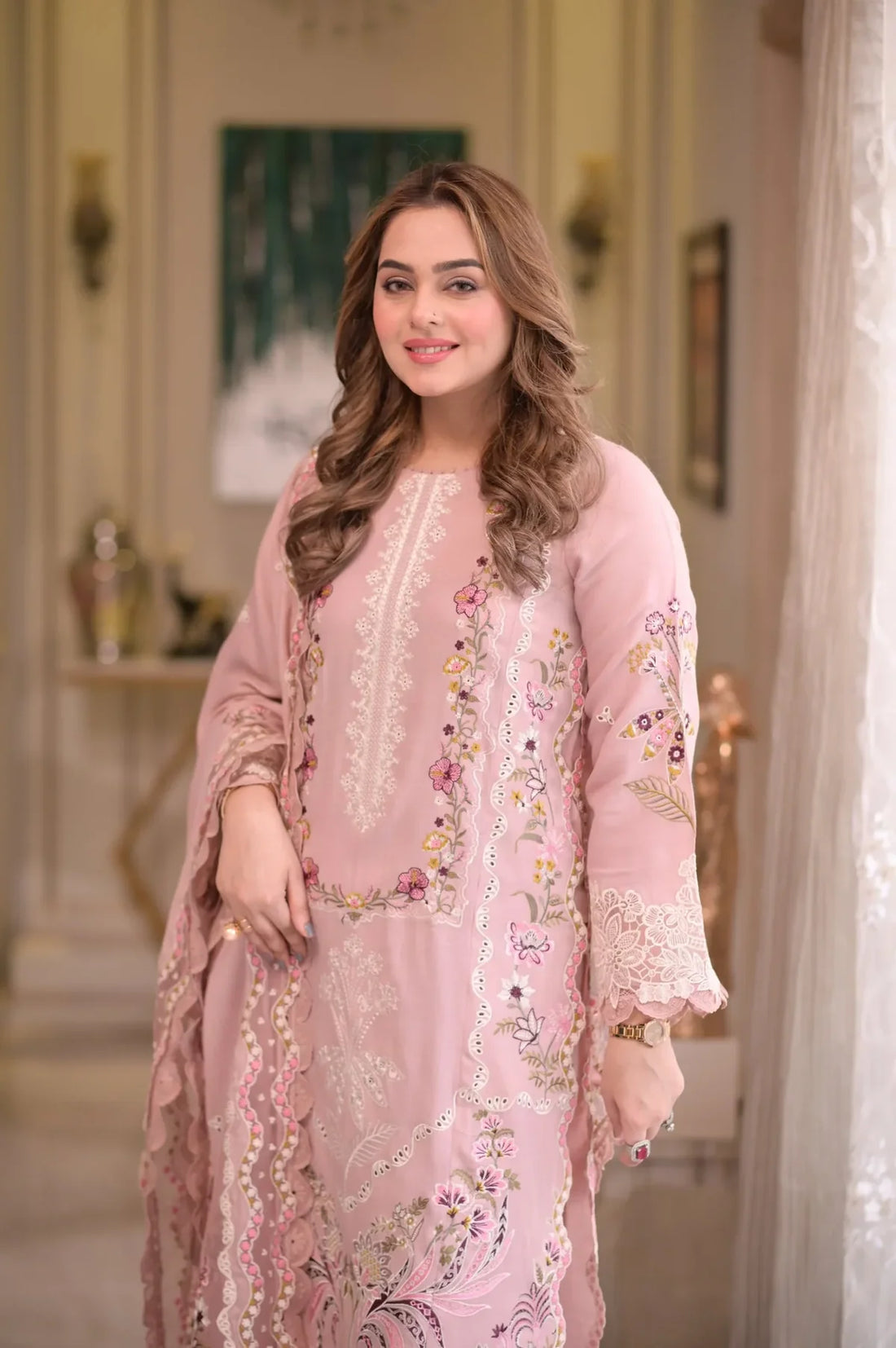 03-Piece Embroidered Cotton Suit With Net Dupatta | Ready To Wear