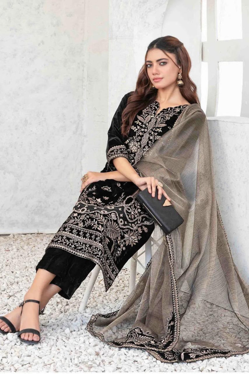 Black Velvet Sequence Embroidered  3-Piece Suit | Ready To Wear
