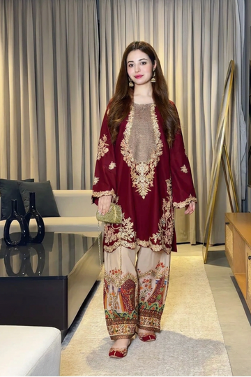 02-Piece Premium Embroidered Silk Suit – Ready To Wear