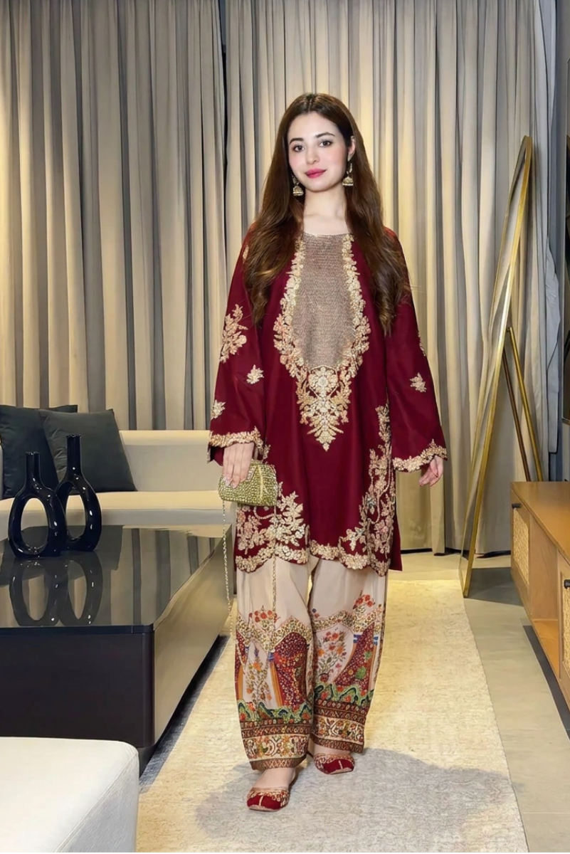 02-Piece Premium Embroidered Silk Suit – Ready To Wear