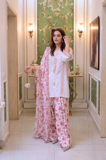03-Piece Luxury Embroidered Silk Suit - Ready To Wear