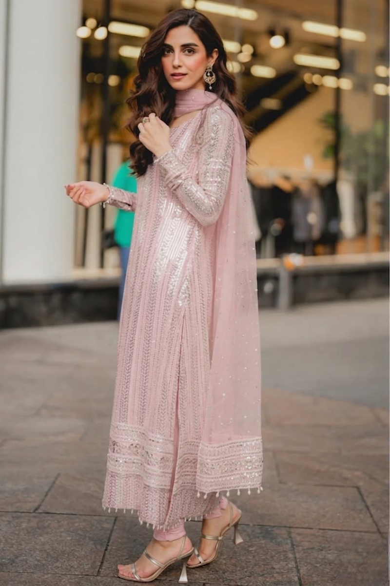 03-Piece Sequin Embroidered Chiffon Suit - Ready To Wear