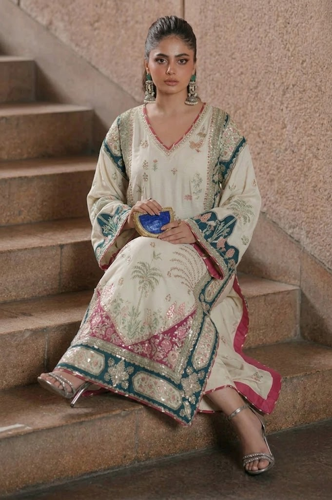 02-Piece Botanical Embroidered Silk Kaftan - Ready to Wear
