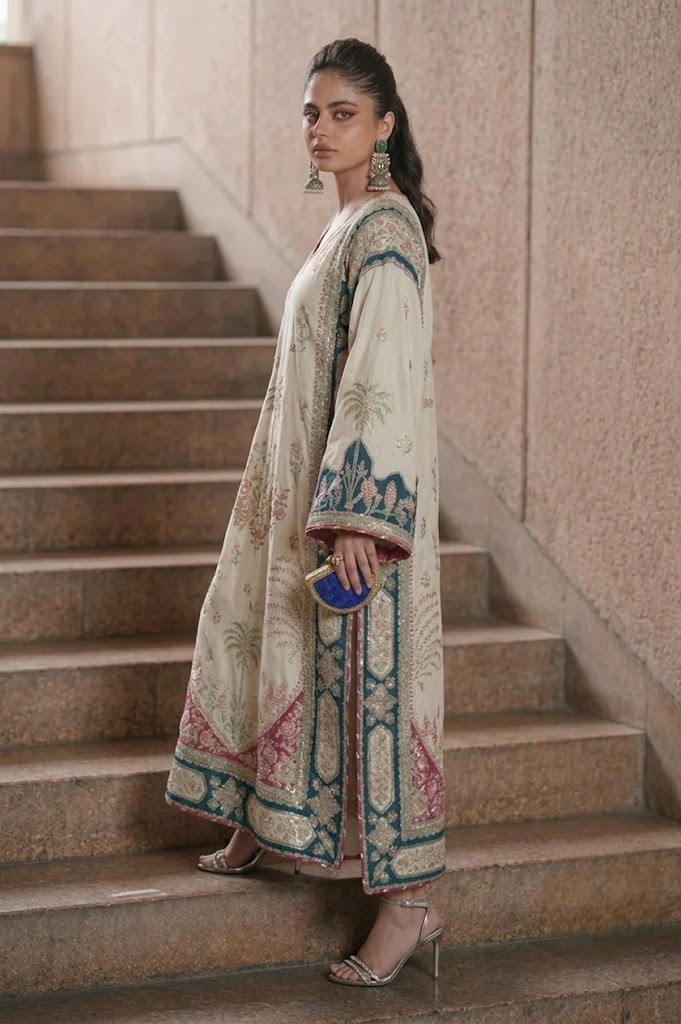 02-Piece Botanical Embroidered Silk Kaftan - Ready to Wear