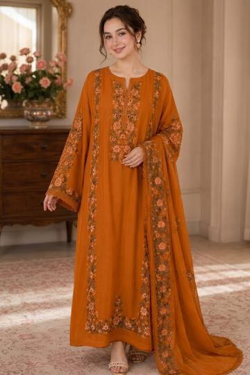 03-Piece Luxury Shamoz Silk Kaftan Suit - Ready To Wear