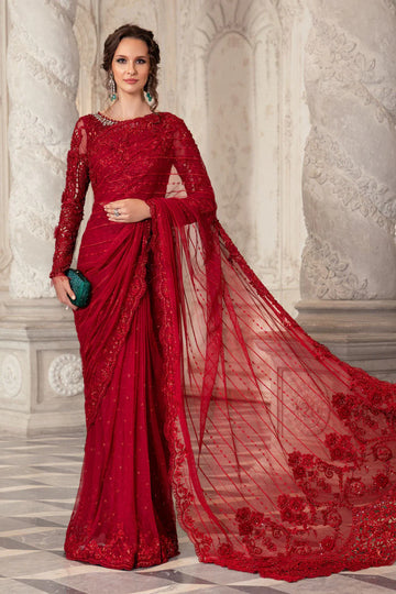 Deep Red - Embroidered Net Saree | Ready To Wear