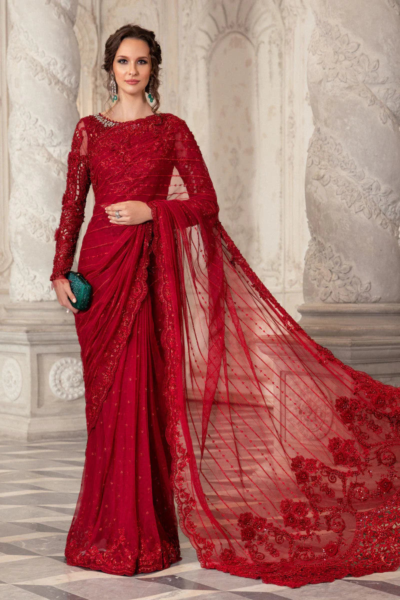 Deep Red - Embroidered Net Saree | Ready To Wear