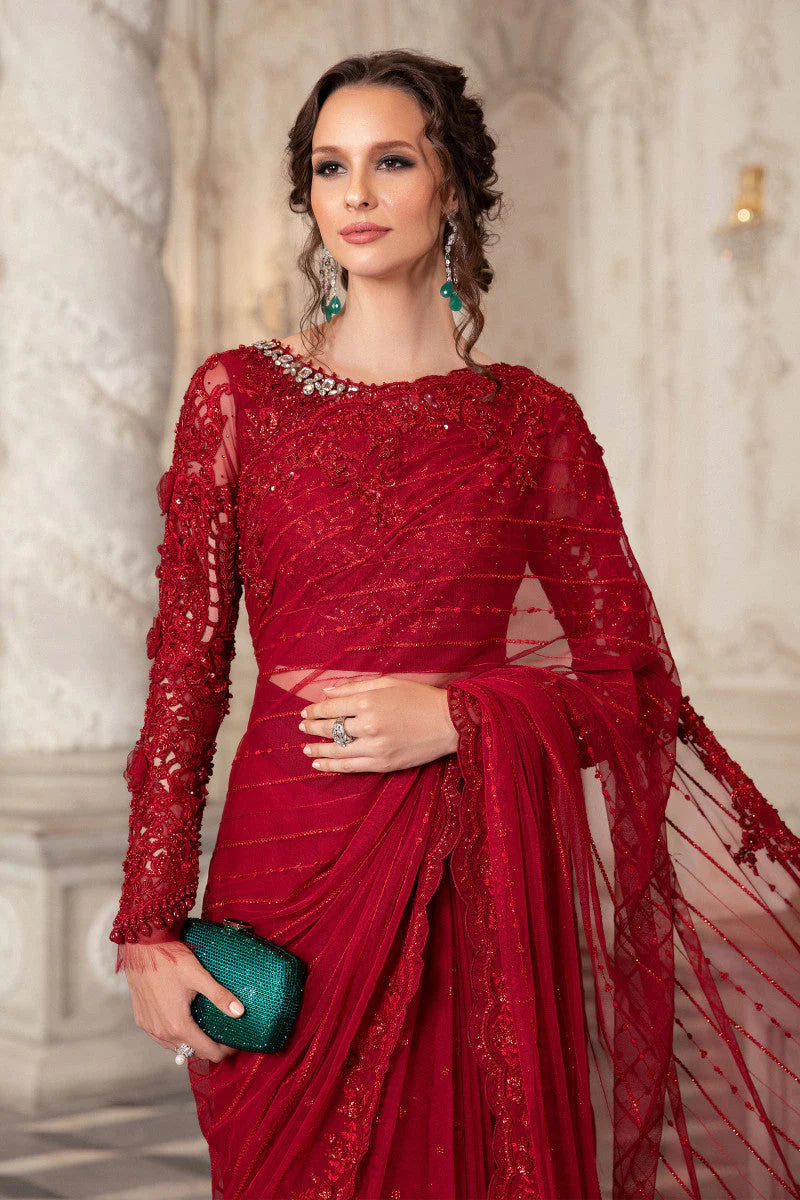 Deep Red - Embroidered Net Saree | Ready to wear
