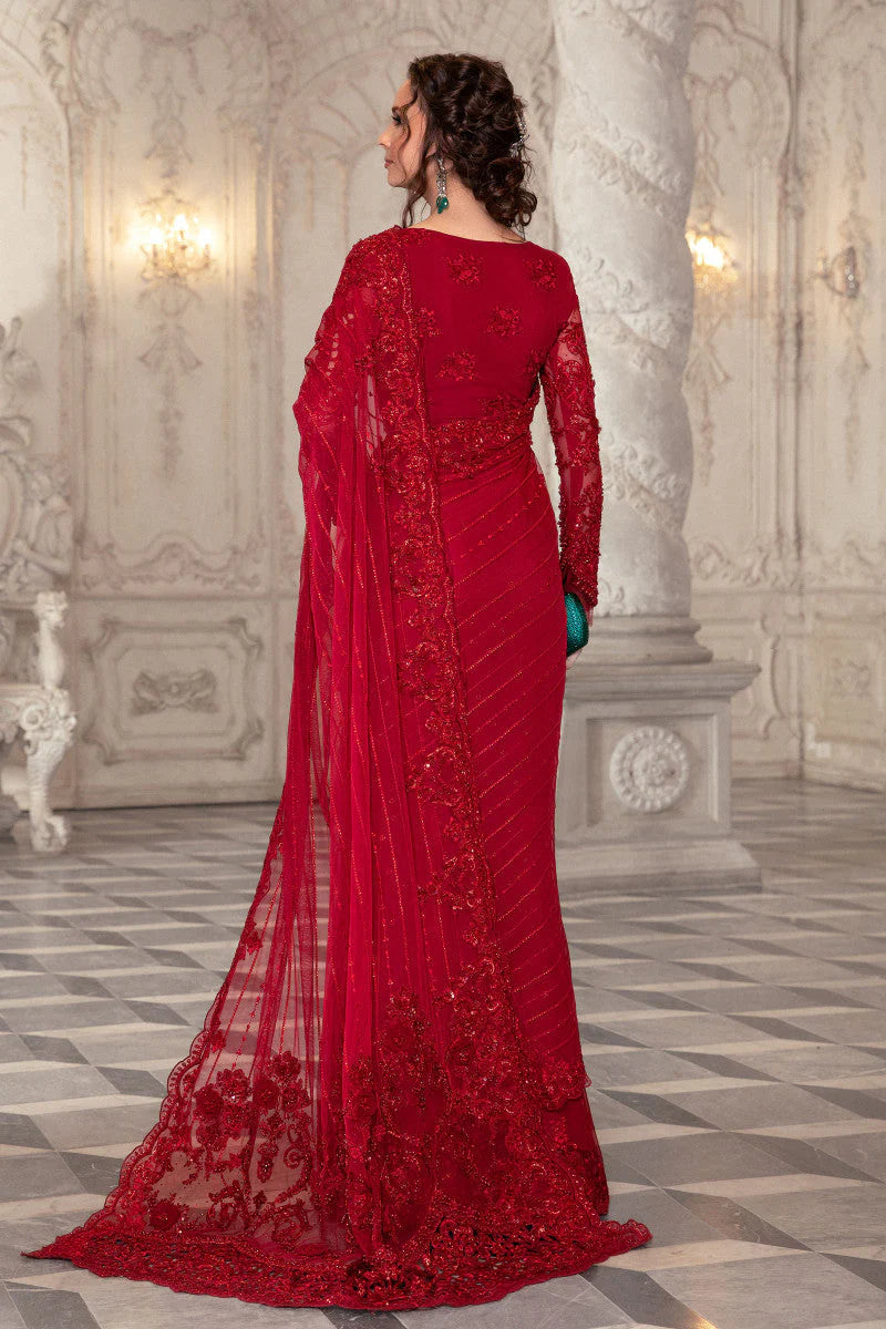 Deep Red - Embroidered Net Saree | Ready To Wear