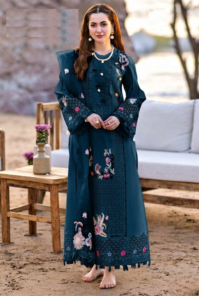 03-Piece Embroidered Lawn Suit With Organza Dupatta | Ready To Wear